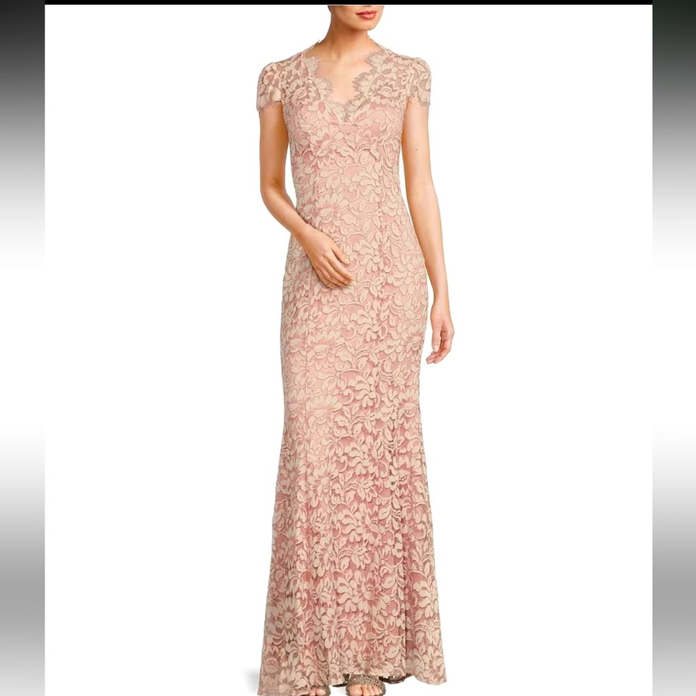Eliza J Illusion Lace Neck Cap Sleeve V-Neck Mermaid Gown Blush